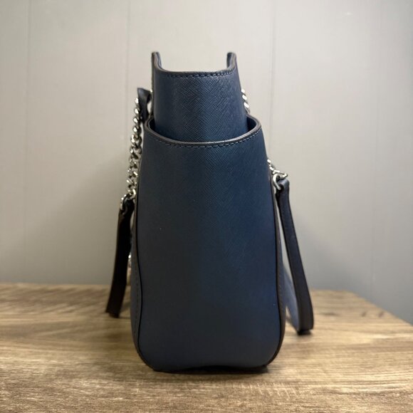 MICHAEL KORS Jet Set Chain Tote Shoulder Bag In Navy Blue Leather - Picture 7 of 10